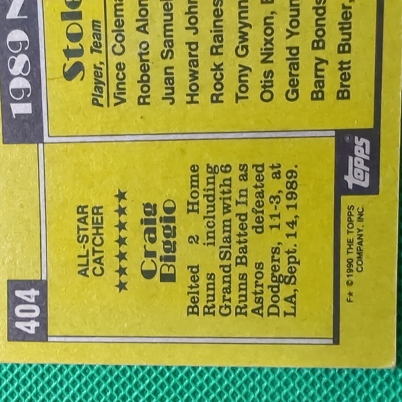 🩸Vintage All Star Topps Craig Biggio 1990 Card #404 National League - Picture 11 of 11